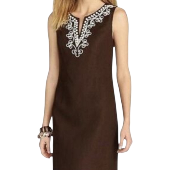 Talbots Chocolate Brown Sleeveless Embellished Linen Dress Size 10 Petite - Picture 1 of 6